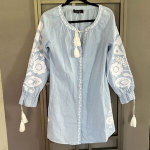 RDandkoko soft blue embroidered swimwear cover-up dress with tassels size S